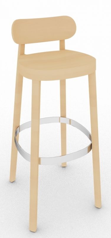 Holzstuhl / Barhocker mit Rückenlehne und Fußstütze aus Metall. Thonet Design Sitzmöbel.